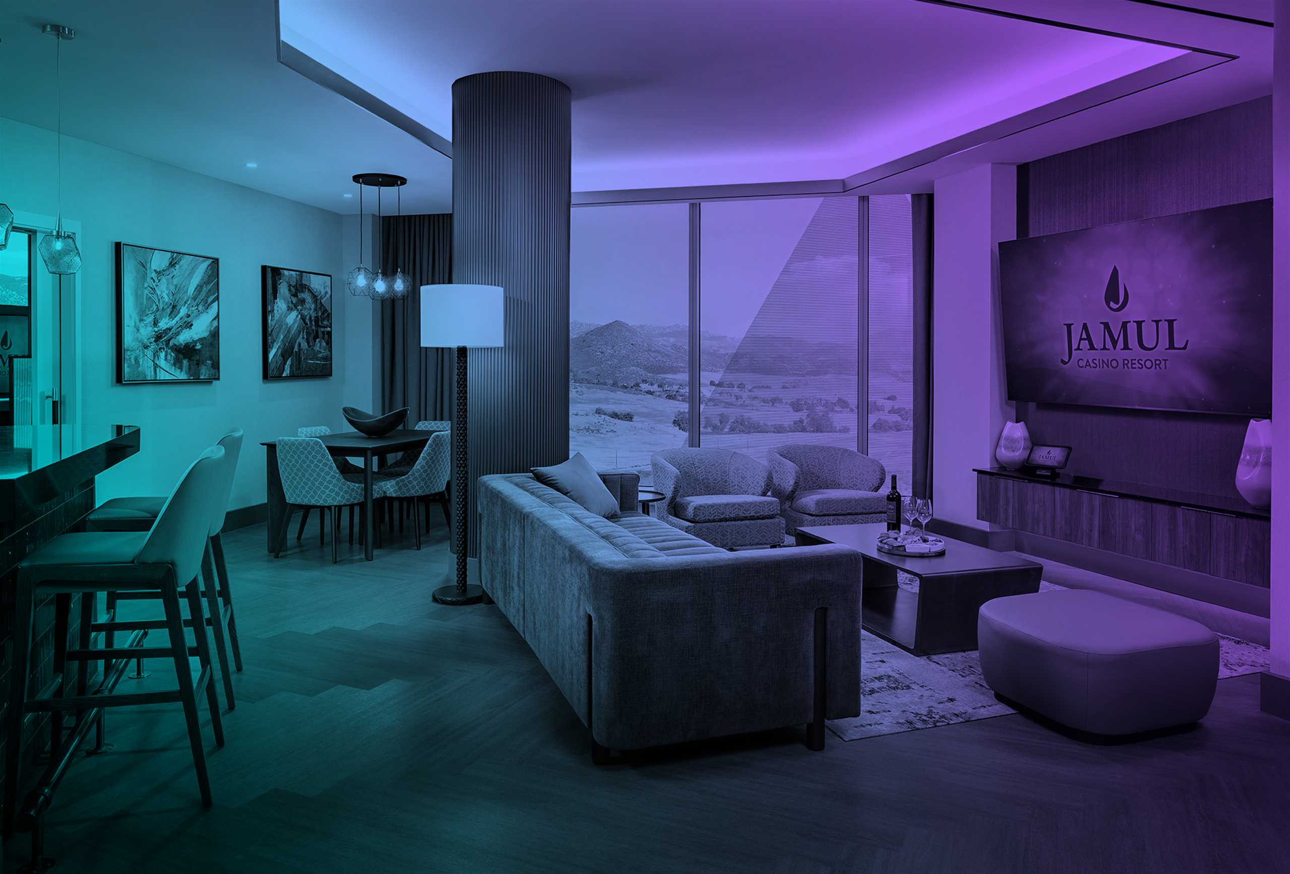 Hotel rendering of the Three-Bay Corner Suite - Living & Dining Room at Jamul Resort Casino